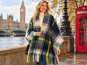 VTG St Michael Mohair Wool Dress Gordon Tartan Plaid Scarf Wrap Preppy Fringe